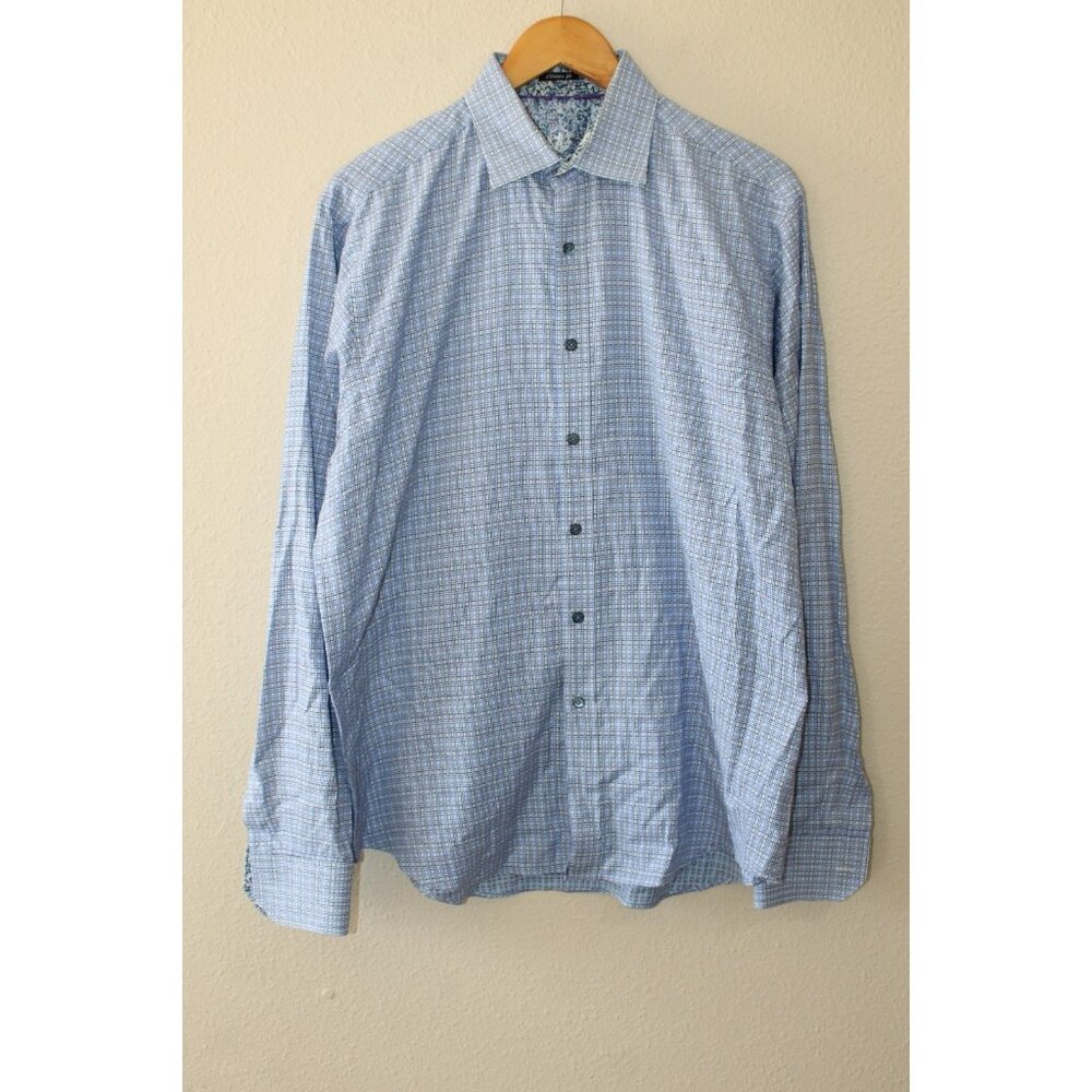 Bugatchi Uomo Mens Blue Geometric Long Sleeve Cotton Button Up L?